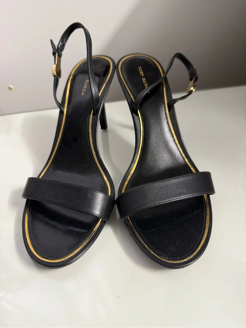 Tory Burch Black Leather Slingback Heels with Gold Trim